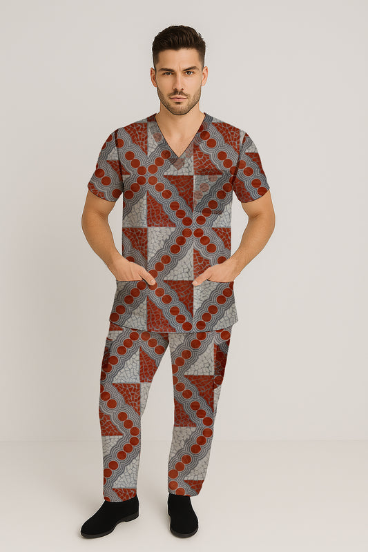Men’s Scrub Set - Top and Pants with Aborginal Art Print-Emily Mbitjana