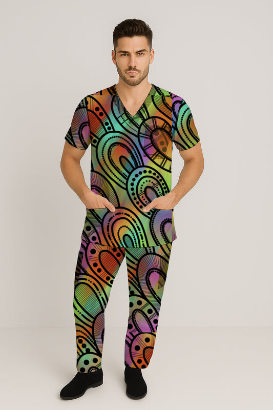 Men’s Scrub Set - Top and Pants with Aborginal Art Print-Kara Karanfilovski
