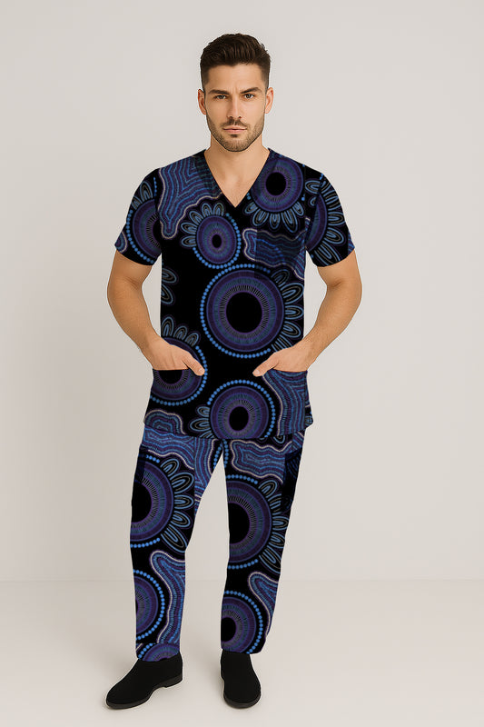 Men’s Scrub Set - Top and Pants with Aborginal Art Print-Kara Karanfilovski