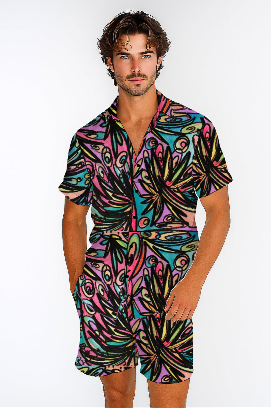 Short Sleeve Button-Up Shirt  & Shorts Set  – with Art Print -Debbie Jubrail