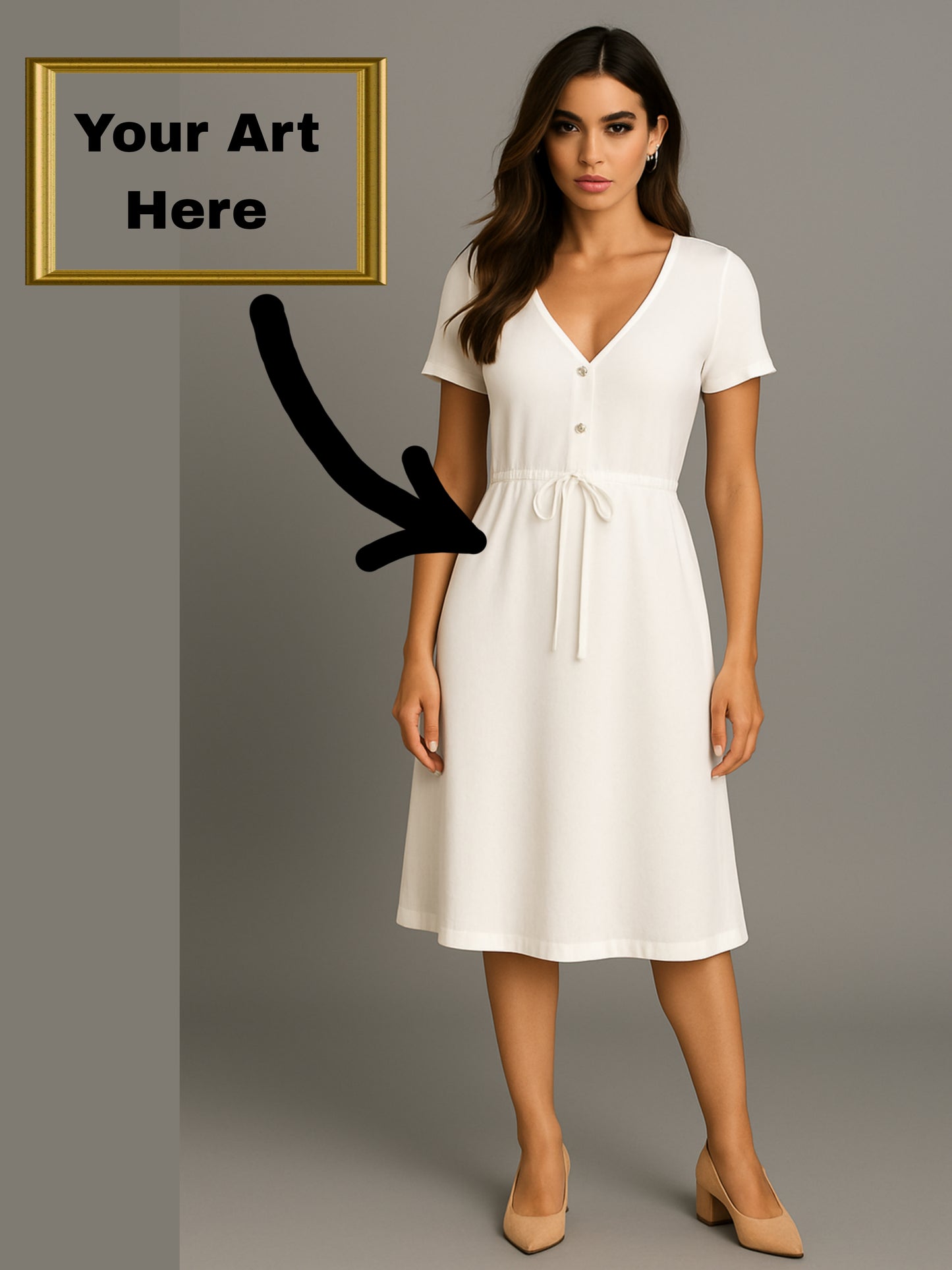 Your Art Painting on Short-Sleeve V-Neck Button-Front Drawstring Midi Dress