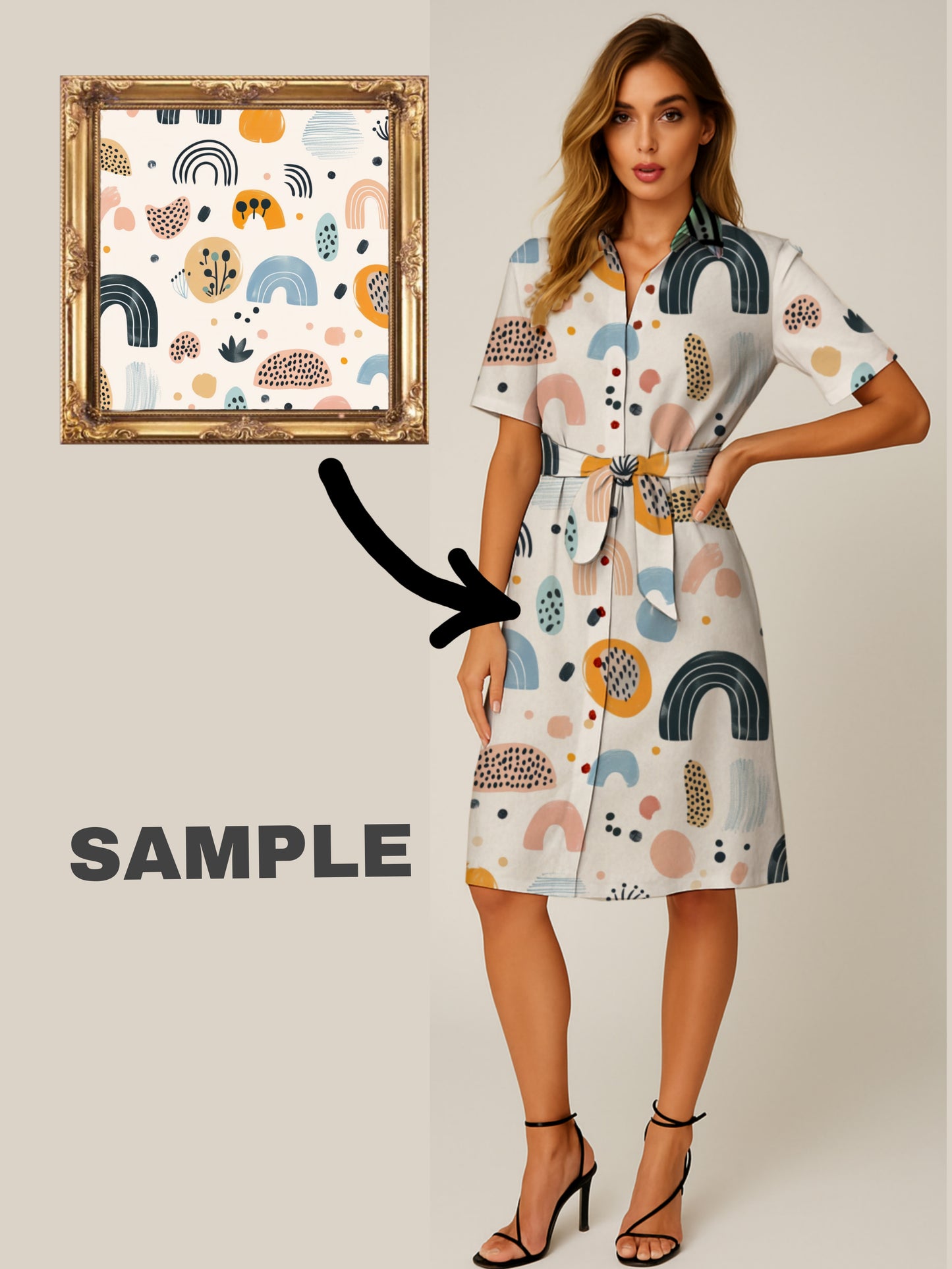 Your Art Painting on Short-Sleeve Button-Down Belted Dress