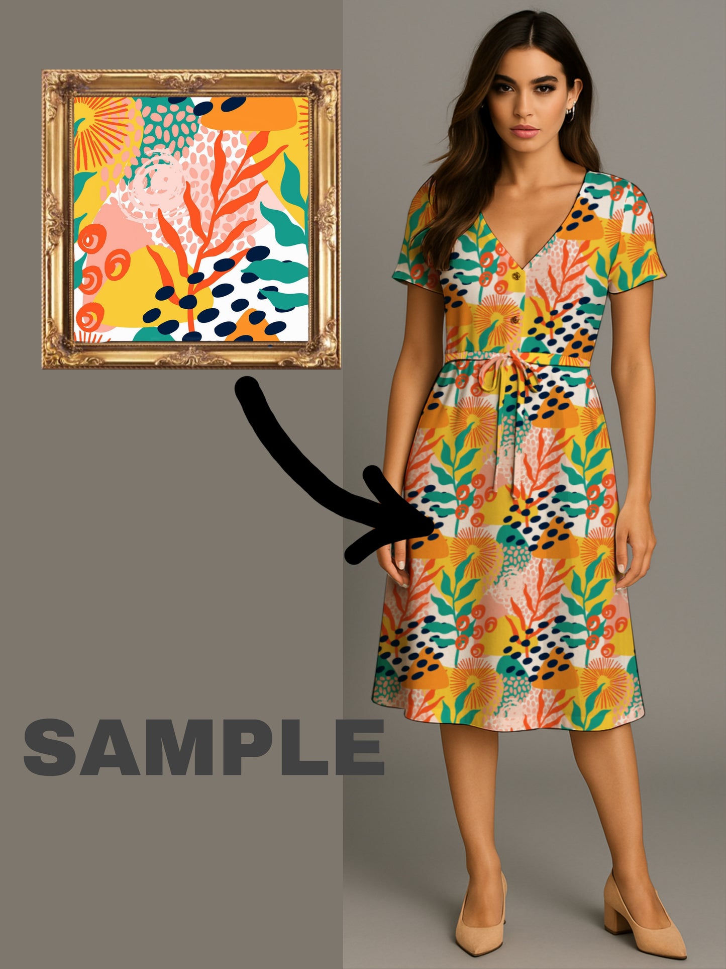 Your Art Painting on Short-Sleeve V-Neck Button-Front Drawstring Midi Dress