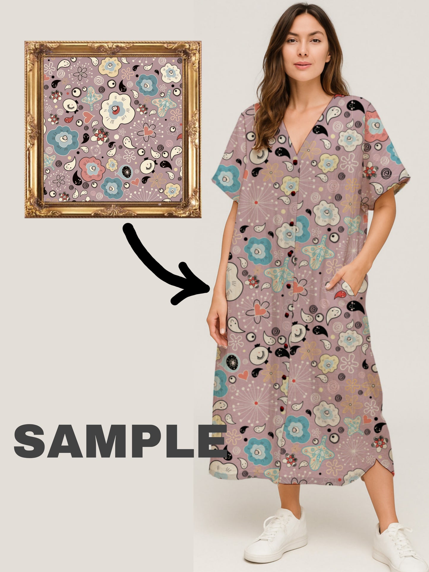 Your Art Painting on Short-Sleeve Button-Front V-Neck Midi Dress