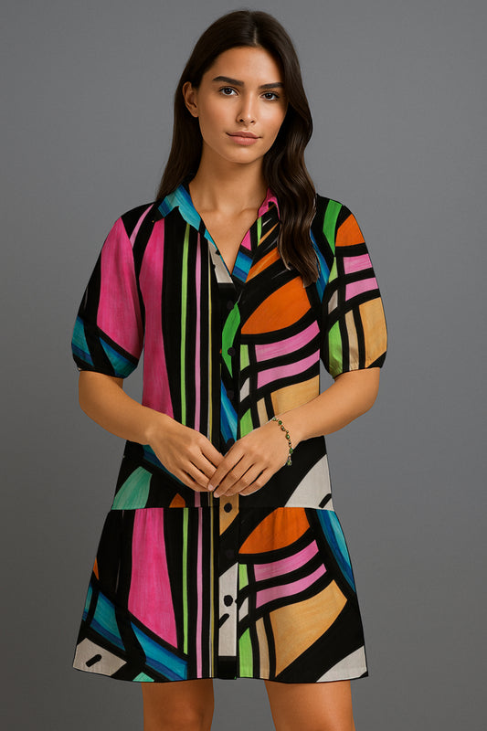 Puff-Sleeve Button-Front Mini Dress - Debbie Jubrail