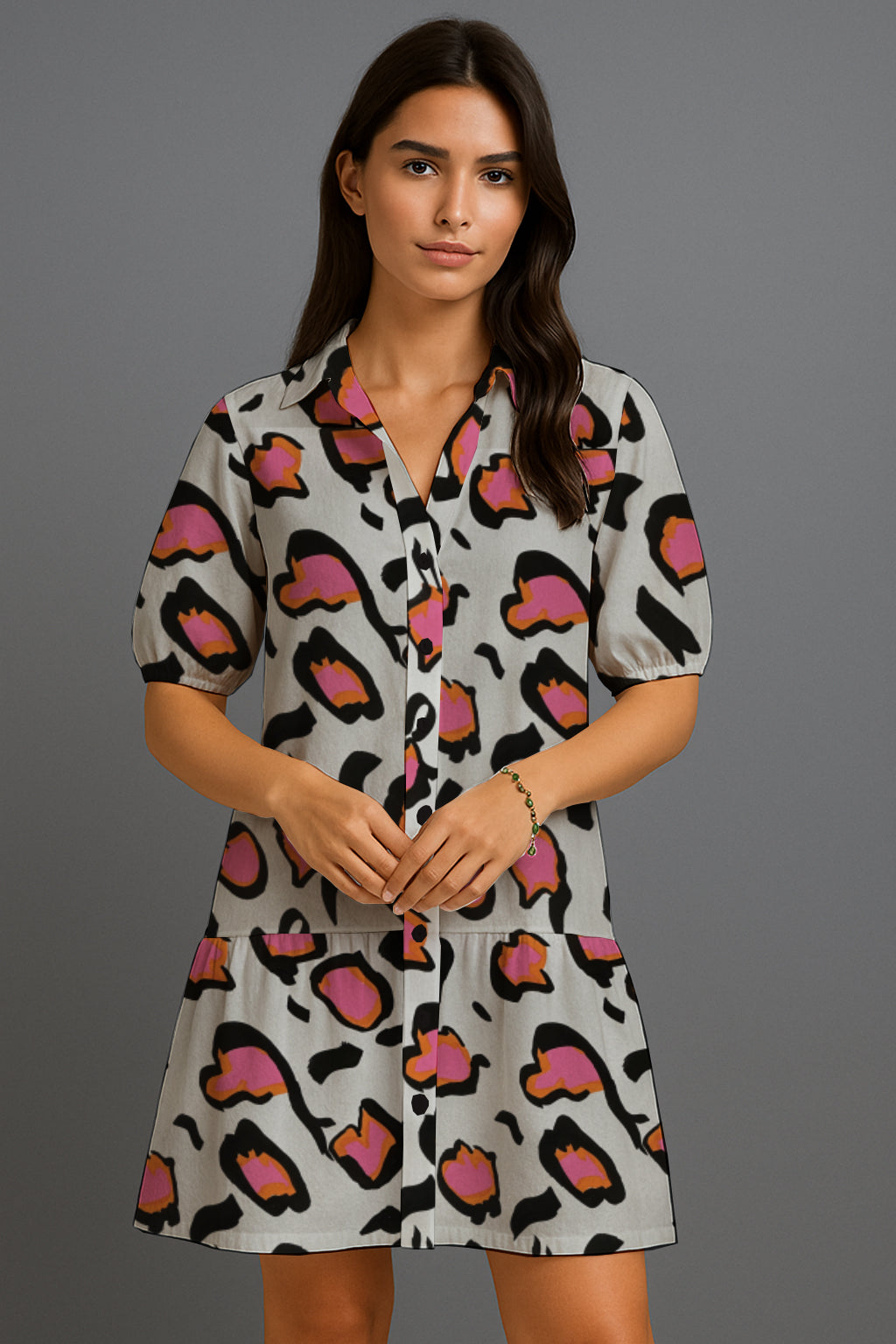 Puff-Sleeve Button-Front Mini Dress - Debbie Jubrail