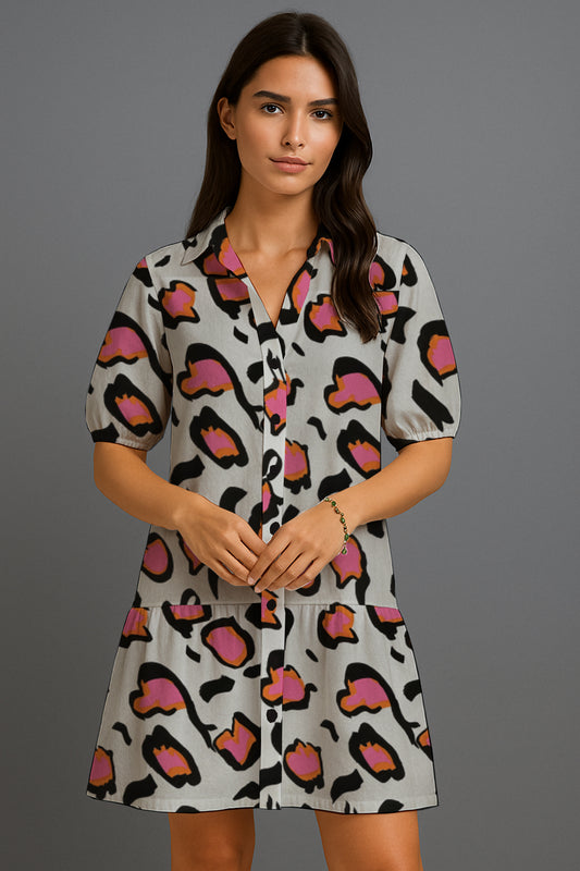 Puff-Sleeve Button-Front Mini Dress - Debbie Jubrail