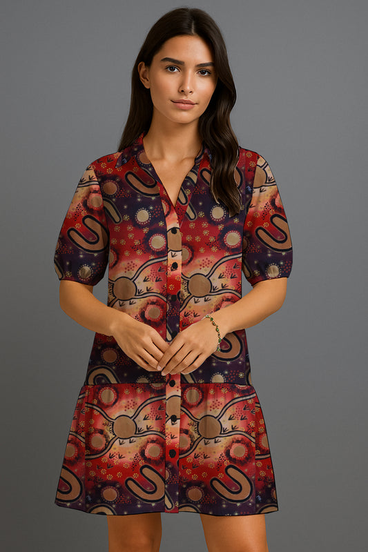 Puff-Sleeve Button-Front Mini Dress  with Aborginal Art Print-Megan Kennedy