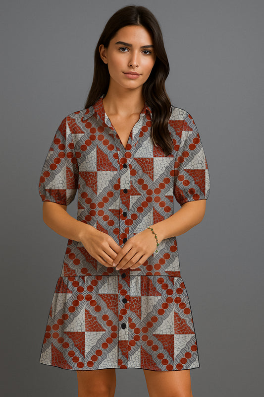 Puff-Sleeve Button-Front Mini Dress with Aborginal Art Print -Emily Mbitjana