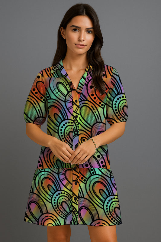 Puff-Sleeve Button-Front Mini Dress with Aborginal Art Print- Kara Karanfilovski