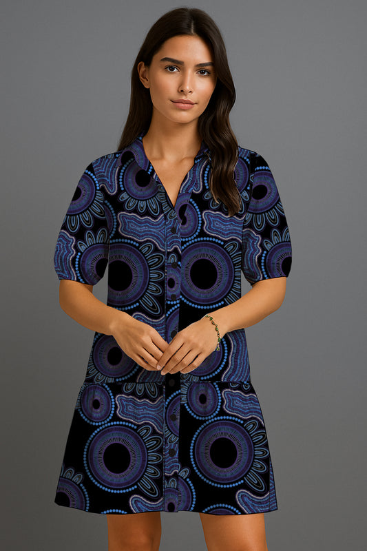 Puff-Sleeve Button-Front Mini Dress with Aborginal Art Print- Kara Karanfilovski