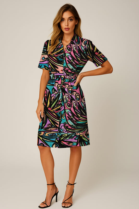 Short-Sleeve Button-Down Belted Dress -   Debbie Jubrail