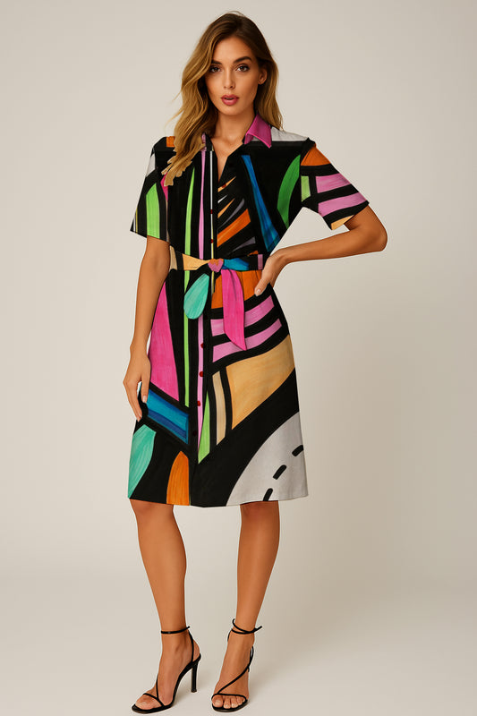 Short-Sleeve Button-Down Belted Dress -   Debbie Jubrail