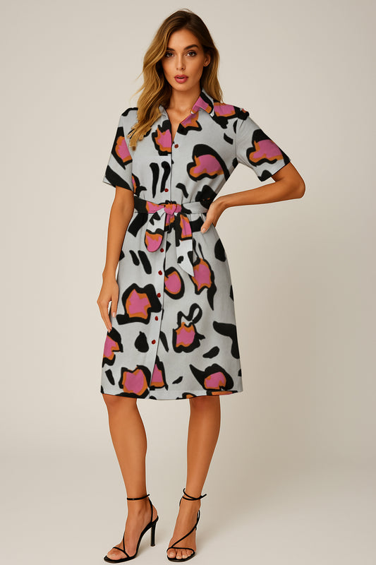 Short-Sleeve Button-Down Belted Dress -   Debbie Jubrail