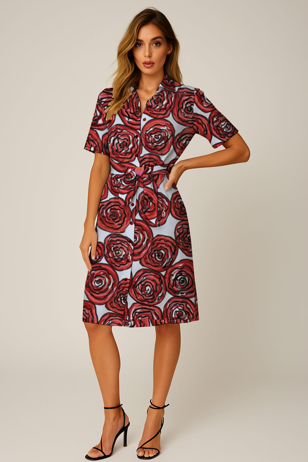 Short-Sleeve Button-Down Belted Dress -   Debbie Jubrail