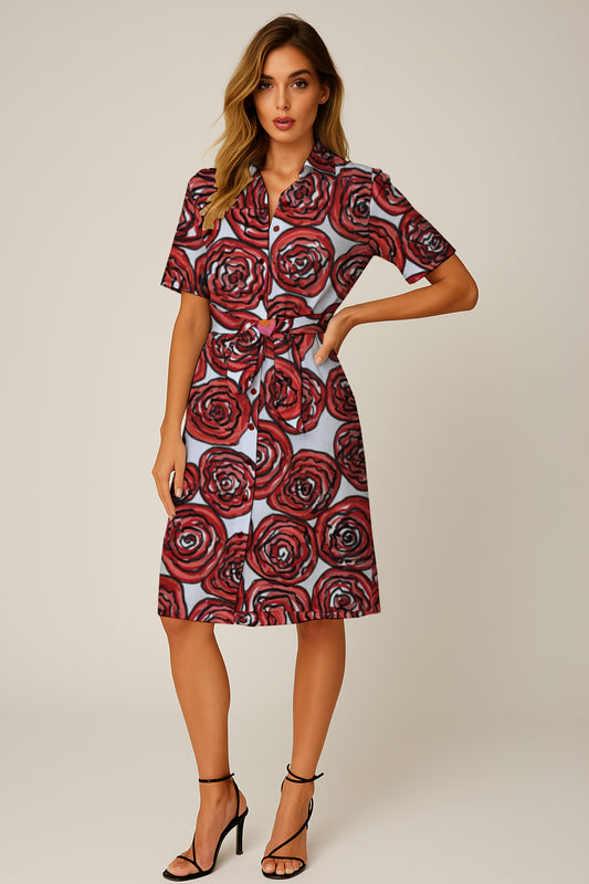 Short-Sleeve Button-Down Belted Dress -   Debbie Jubrail