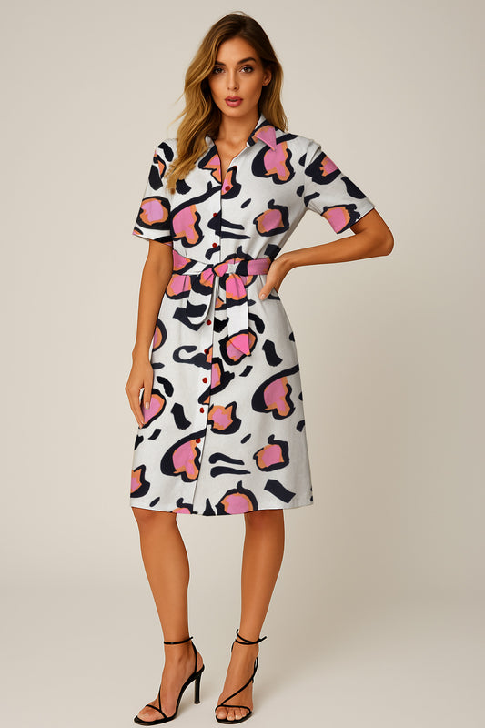 Short-Sleeve Button-Down Belted Dress -   Debbie Jubrail