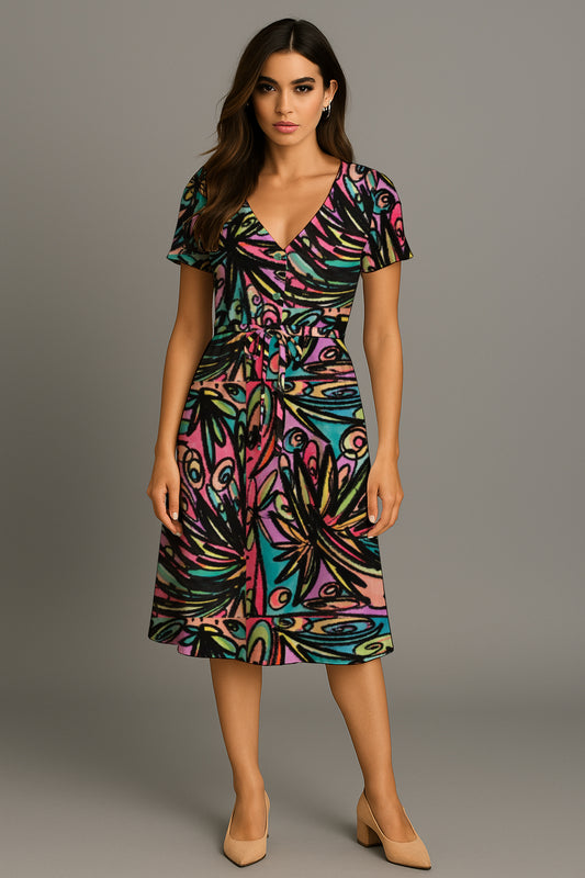 Short-Sleeve V-Neck Button-Front Drawstring Midi Dress-   Debbie Jubrail