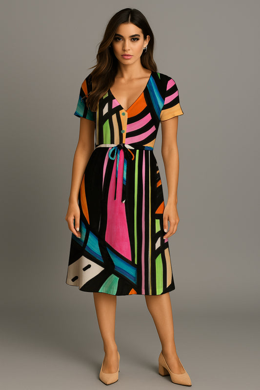 Short-Sleeve V-Neck Button-Front Drawstring Midi Dress-   Debbie Jubrail