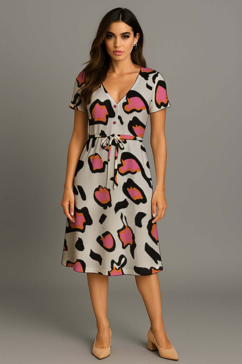 Short-Sleeve V-Neck Button-Front Drawstring Midi Dress-   Debbie Jubrail