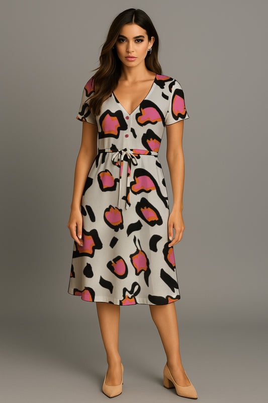Short-Sleeve V-Neck Button-Front Drawstring Midi Dress-   Debbie Jubrail