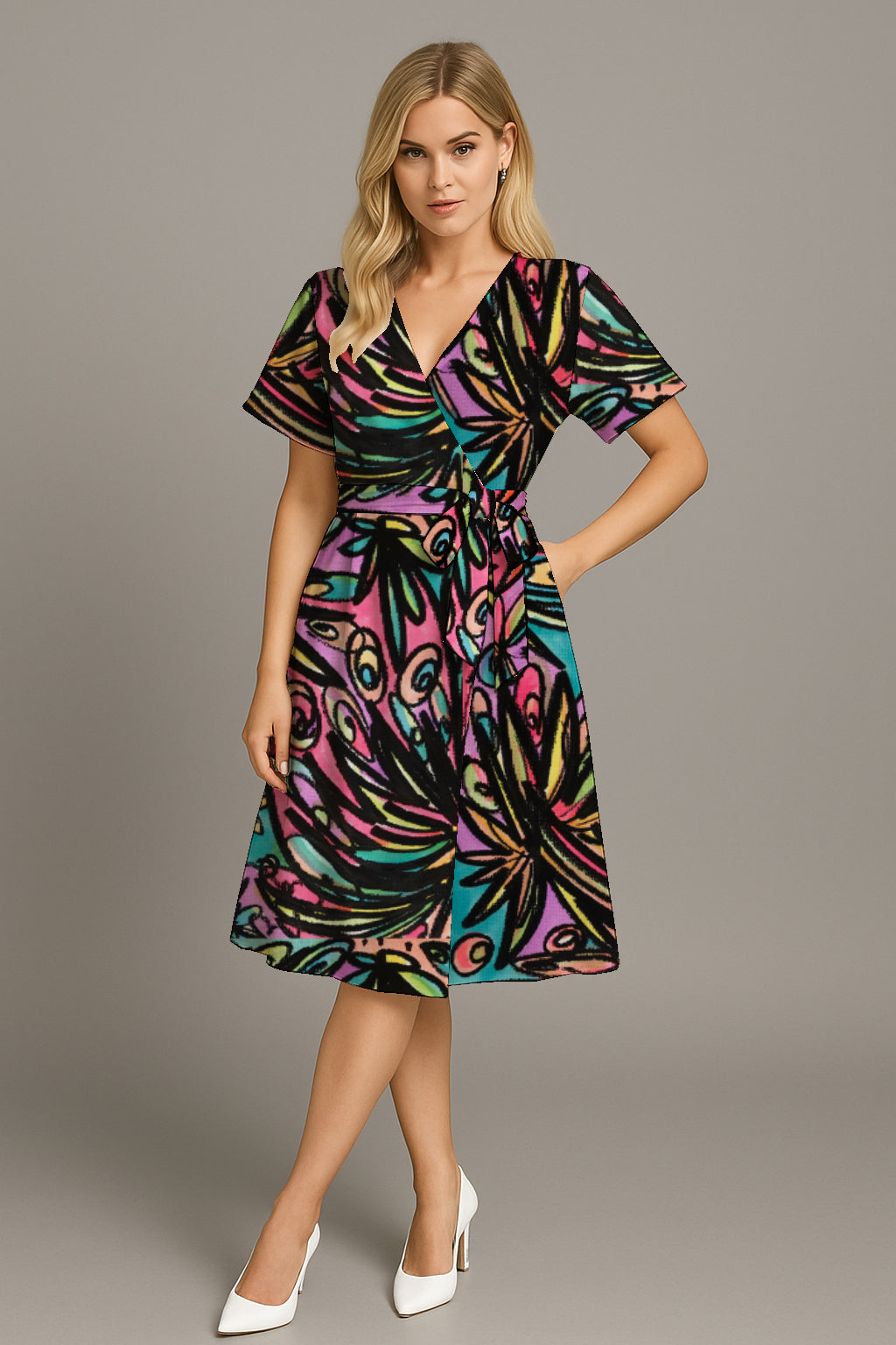 Womens V-Neck Wrap Dress with Waist Tie - with  Art Print- Debbie Jubrail
