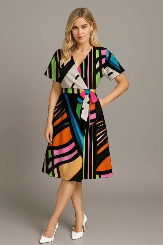 Womens V-Neck Wrap Dress with Waist Tie - with  Art Print- Debbie Jubrail