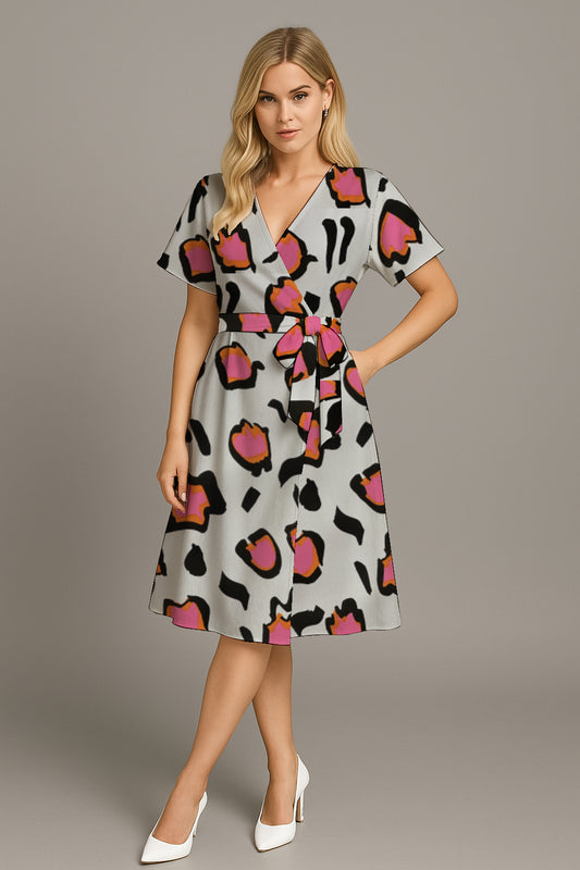 Womens V-Neck Wrap Dress with Waist Tie - with  Art Print- Debbie Jubrail