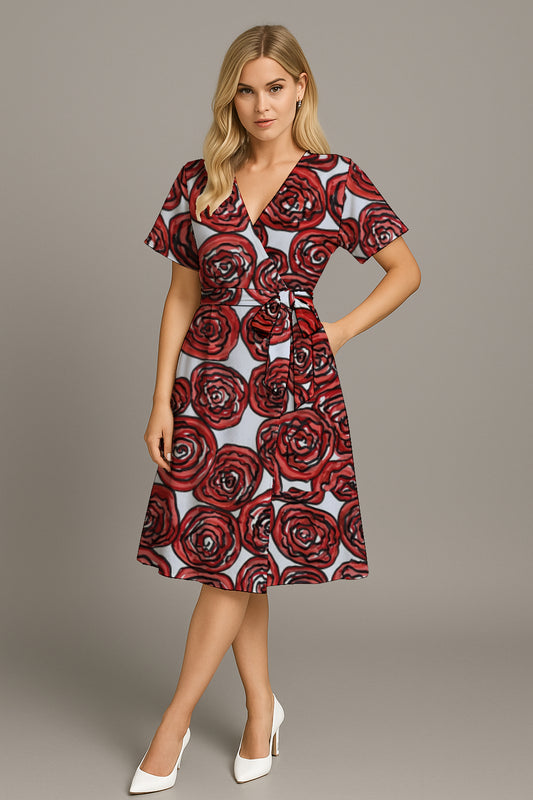 Womens V-Neck Wrap Dress with Waist Tie - with Art Print- Debbie Jubrail