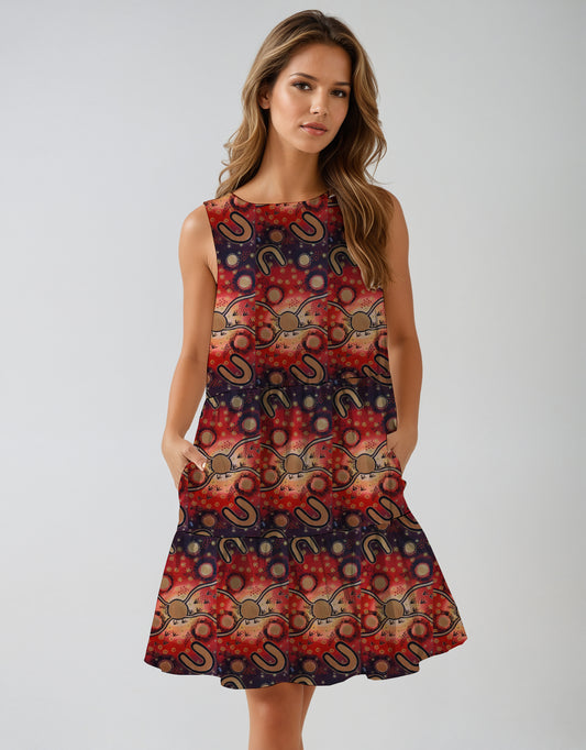 1.  Sleeveless Tiered Mini Dress with Aborginal Art Print -Megan Kennedy