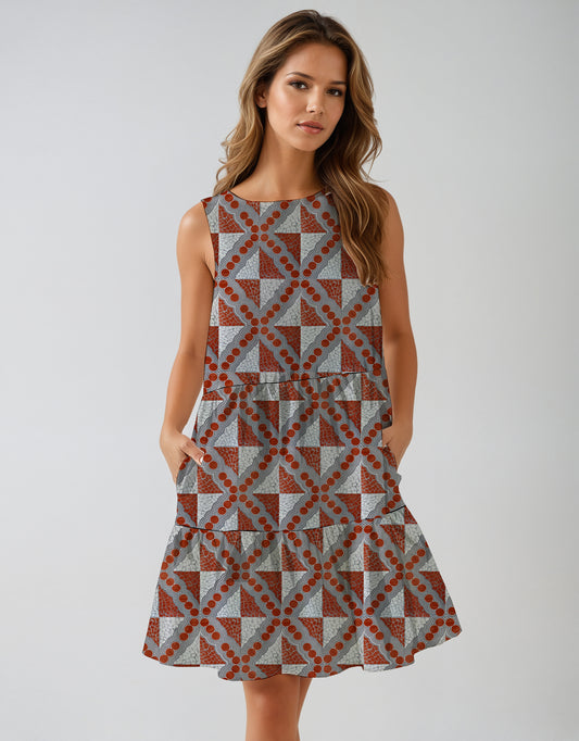 1.  Sleeveless Tiered Mini Dress with Aborginal Art Print  -Emily Mbitjana