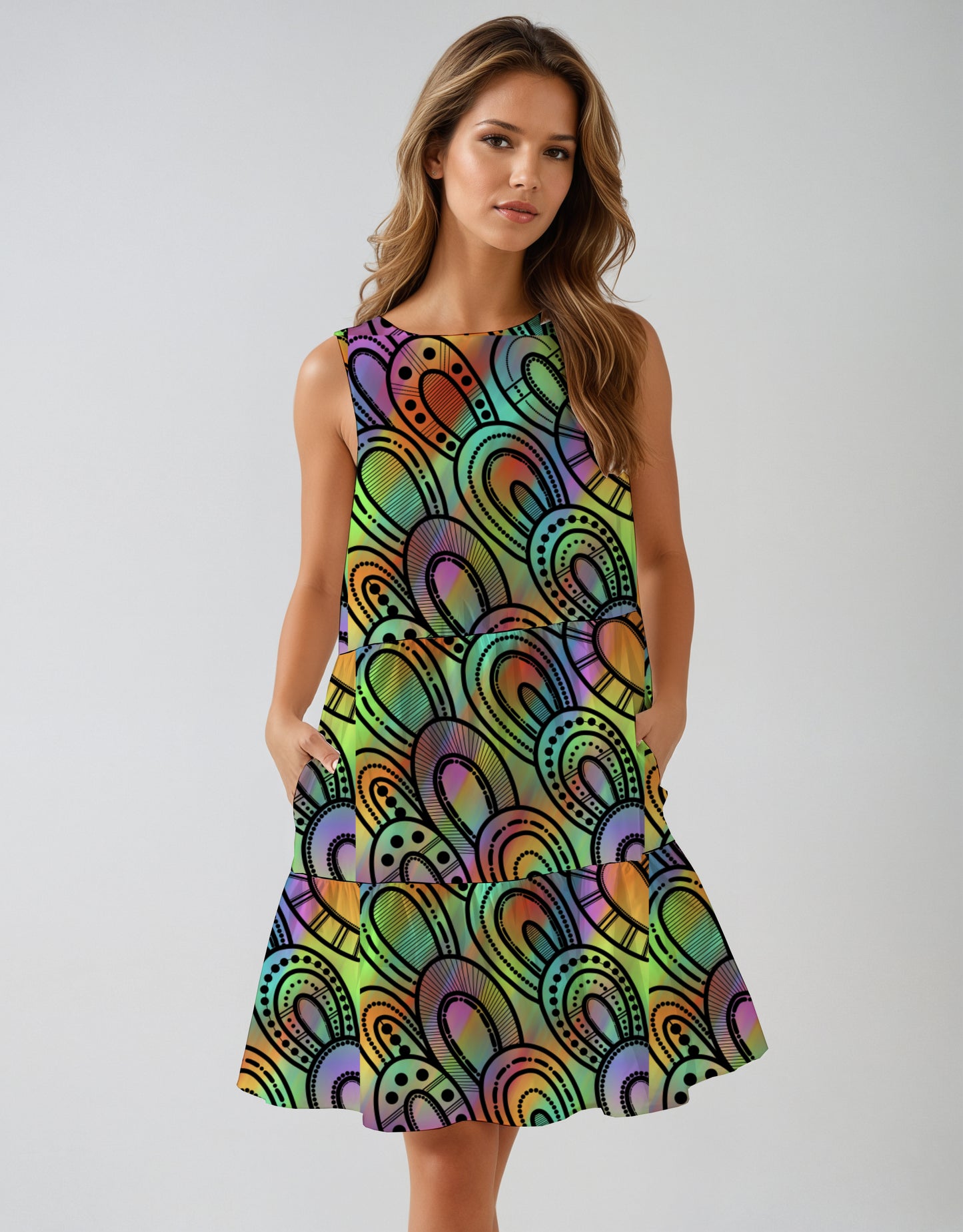 1.  Sleeveless Tiered Mini Dress with Aborginal Art Print-Kara Karanfilovski