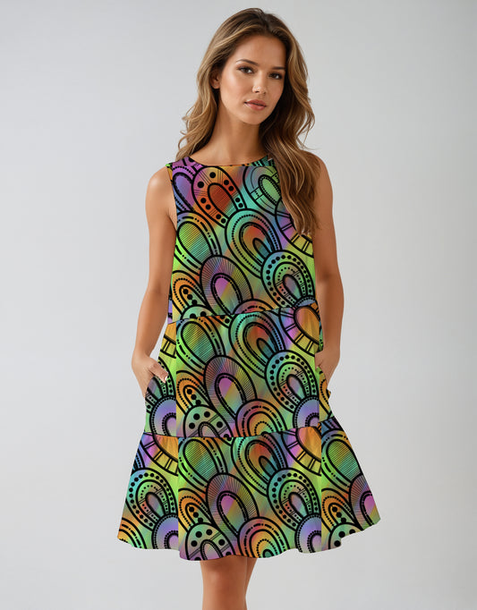 1.  Sleeveless Tiered Mini Dress with Aborginal Art Print-Kara Karanfilovski