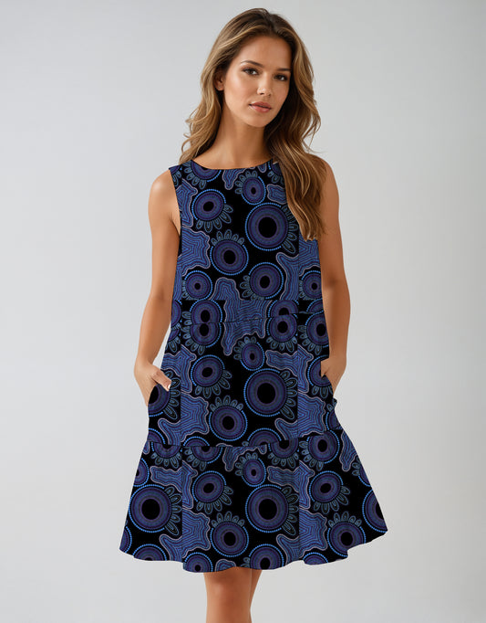 1.  Sleeveless Tiered Mini Dress with Aborginal Art Print-Kara Karanfilovski