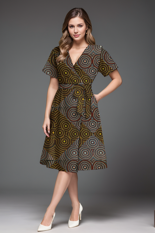 V-Neck Wrap Dress with Waist Tie - with Aboriginal Art Print