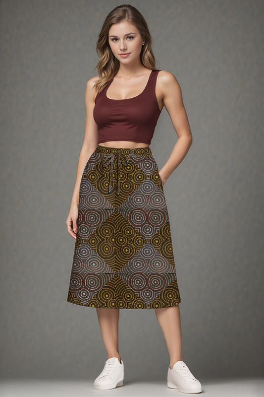 Drawstring Waist Midi Skirt – A-Line - with Aboriginal Art Print