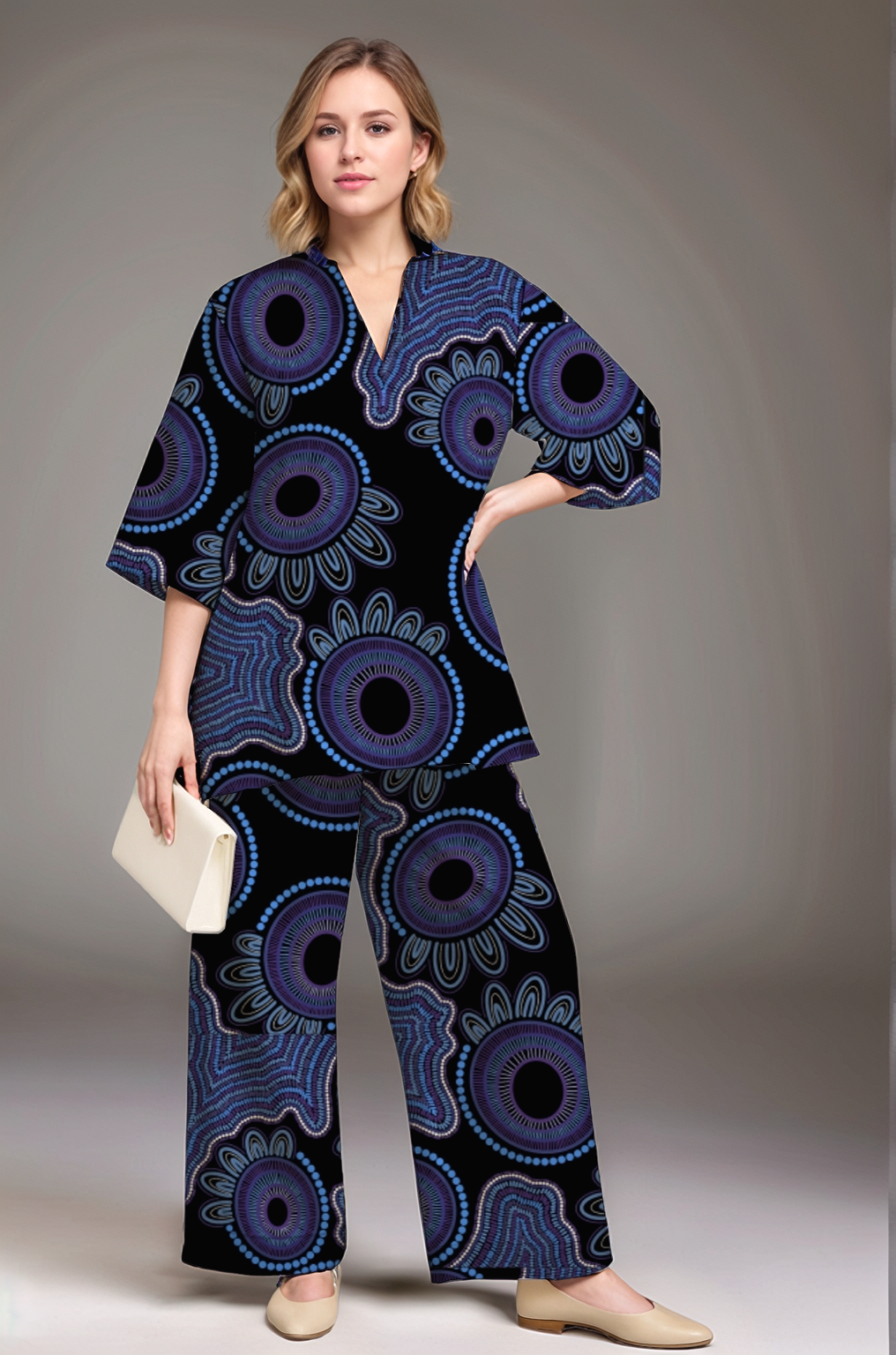 Kara Karanfilovski - Women's Relaxed Tunic & Wide-Leg Pants Set- with Aboriginal Art Print