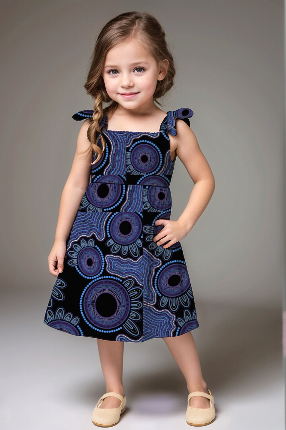 Girls' Tie-Shoulder A-Line Dress  with Aboriginal Art Print- Kara Karanfilovski