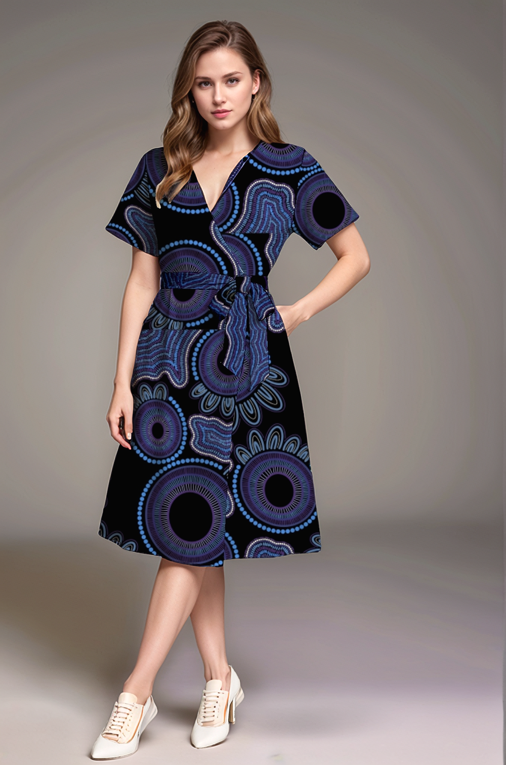 Womens V-Neck Wrap Dress with Waist Tie - with Aboriginal Art Print-Kara Karanfilovski