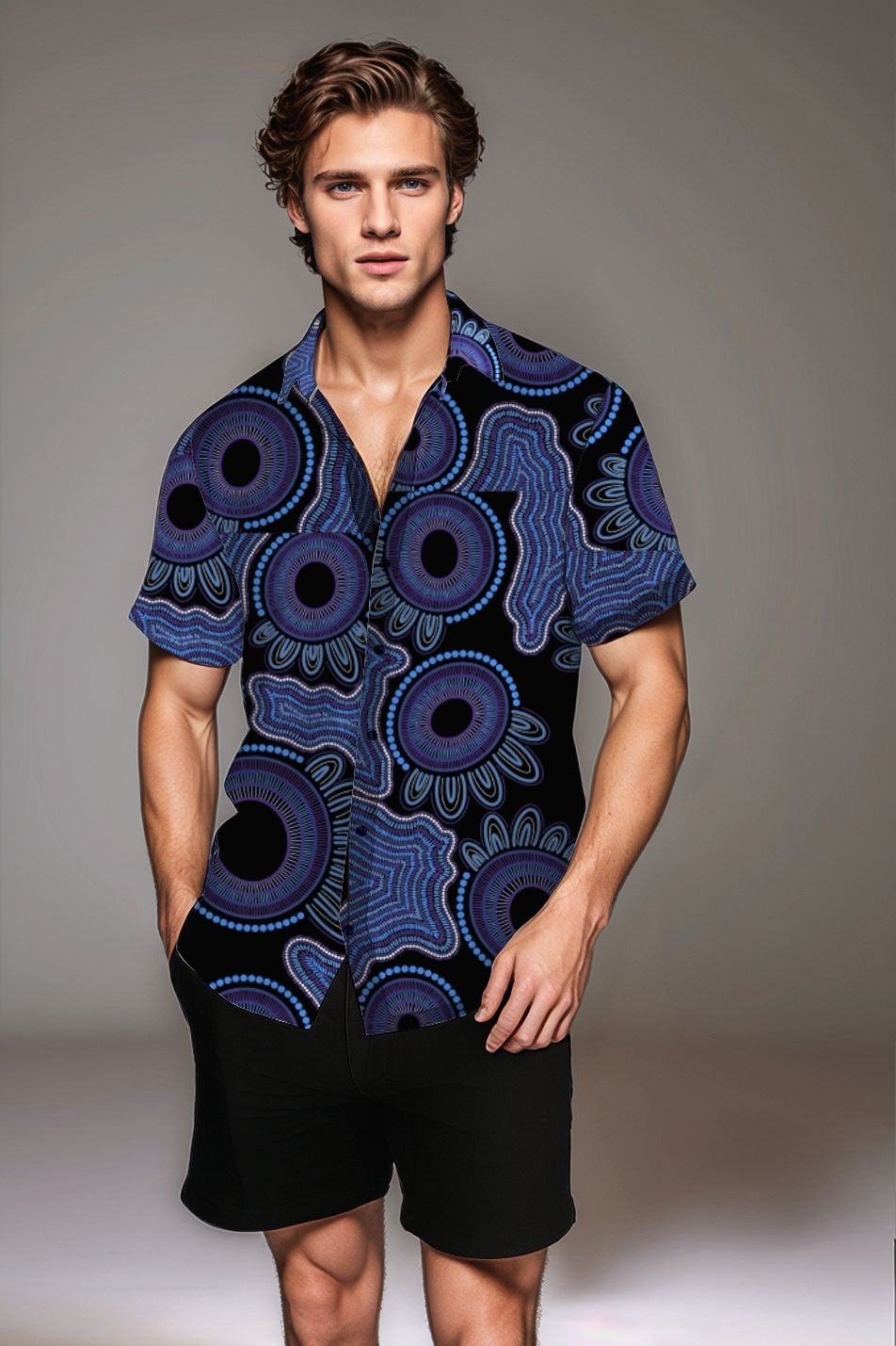 Kara Karanfilovski , Short Sleeve Button-Up Shirt – with Aboriginal Art Print