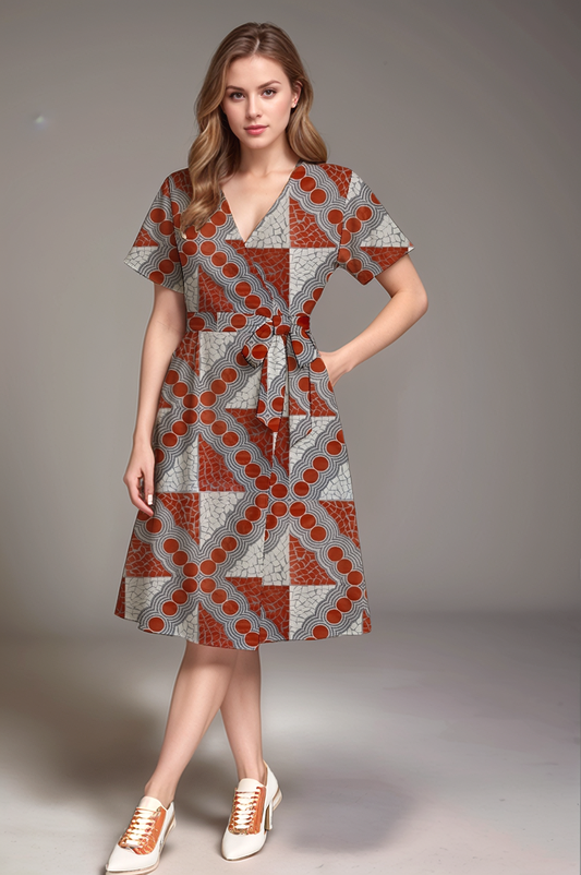 V-Neck Wrap Dress with Waist Tie - with Aboriginal Art Print -  Emily Mbitjana