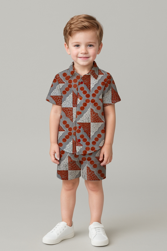 Boys' Short Sleeve Shirt & Shorts Set – Aboriginal Art Print -Emily Mbitjana