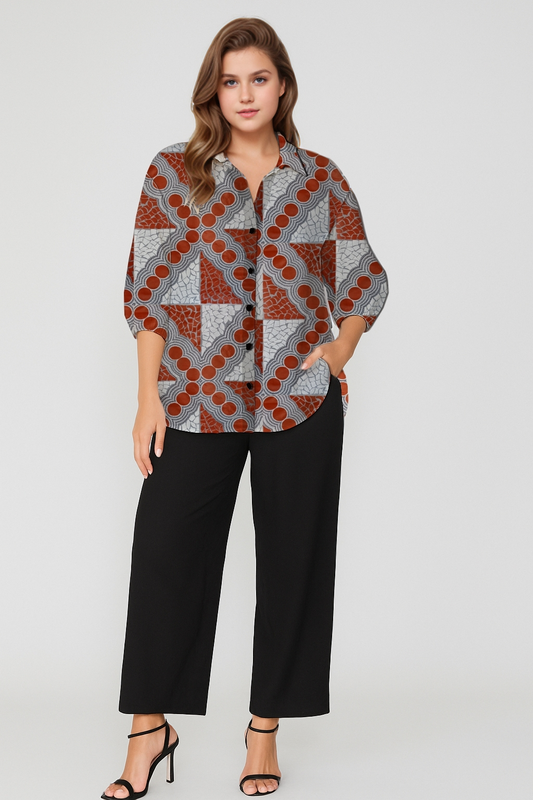 Button-Down  Shirt – Relaxed Fit with Aboriginal Art Print -Emily Mbitjana