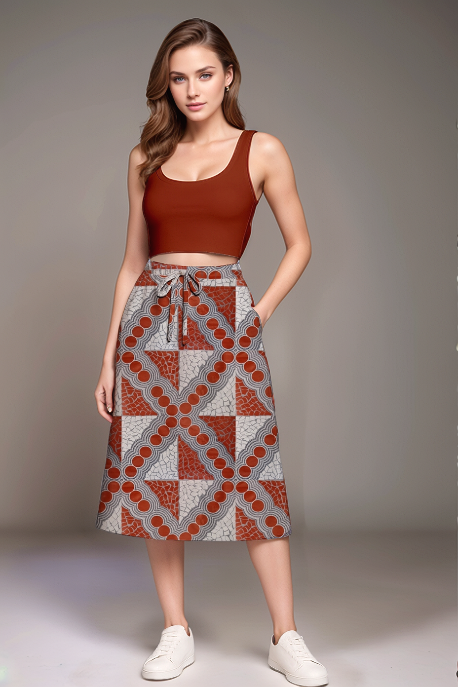 Drawstring Waist Midi Skirt – A-Line - with Aboriginal Art Print -  Emily Mbitjana