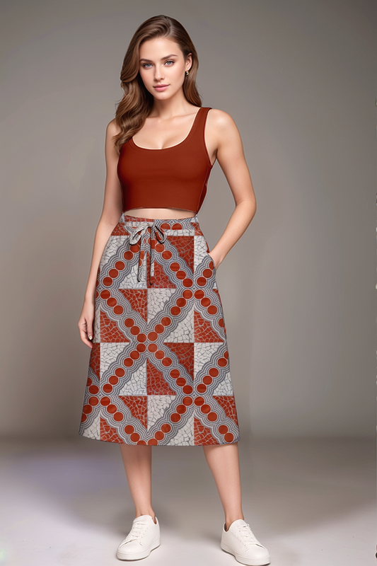 Drawstring Waist Midi Skirt – A-Line - with Aboriginal Art Print -  Emily Mbitjana