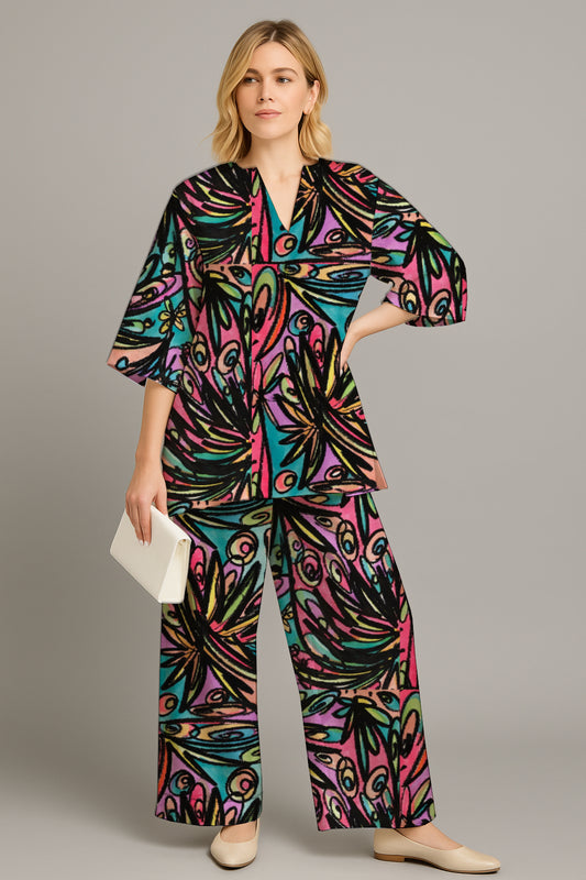 Women's Relaxed Tunic & Wide-Leg Pants Set- with Art Print - Debbie Jubrail
