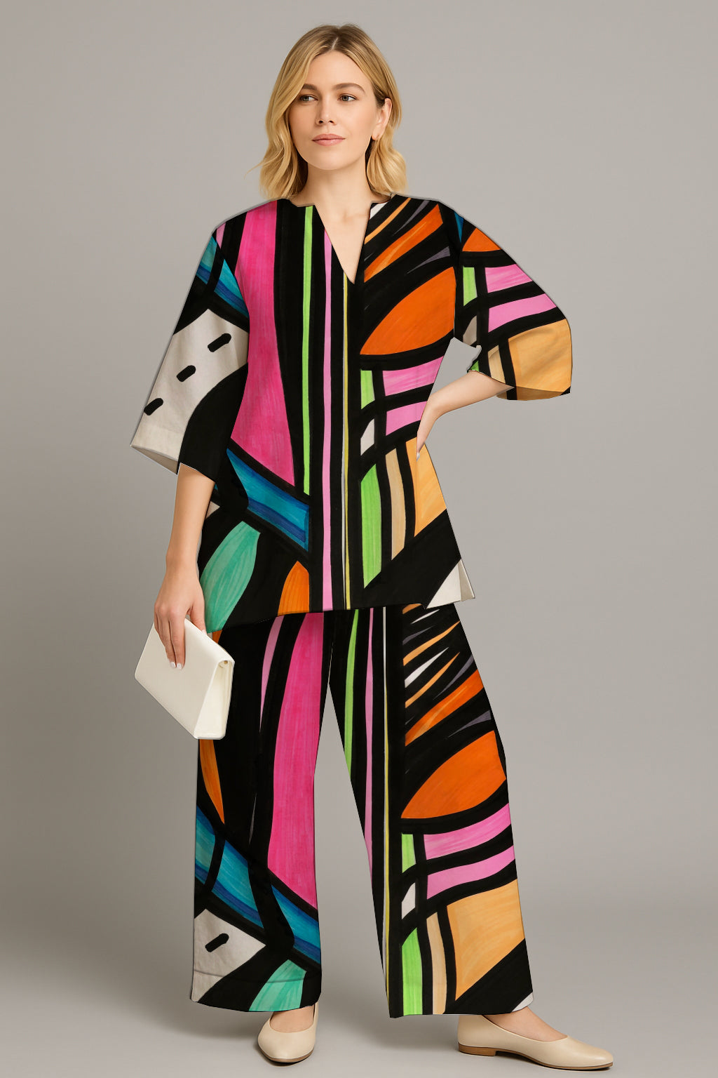 Women's Relaxed Tunic & Wide-Leg Pants Set- with Art Print - Debbie Jubrail