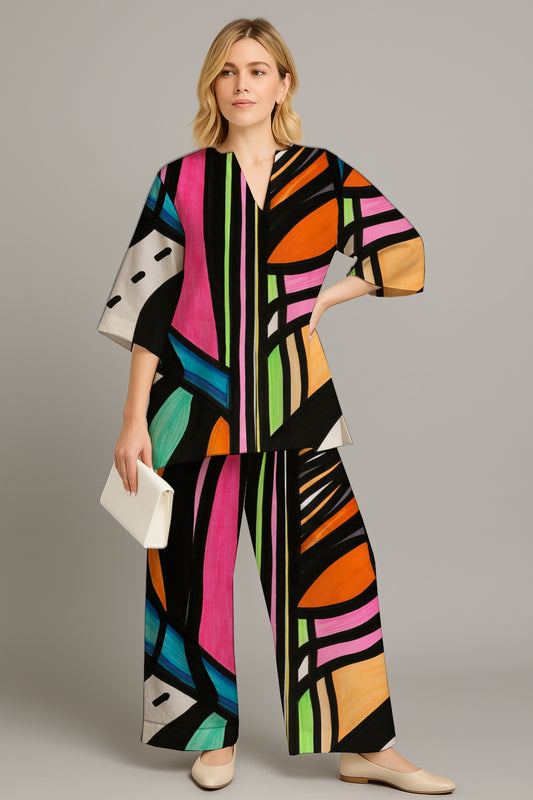 Women's Relaxed Tunic & Wide-Leg Pants Set- with Art Print - Debbie Jubrail