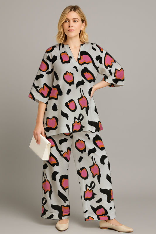 Women's Relaxed Tunic & Wide-Leg Pants Set- with  Art Print - Debbie Jubrail