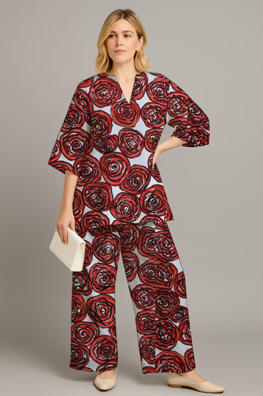 Women's Relaxed Tunic & Wide-Leg Pants Set- with Art Print - Debbie Jubrail